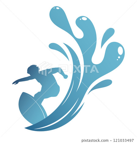 Surfer on board silhouette and blue wave Surfer on board silhouette and blue wave 121033497