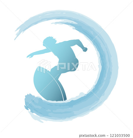 Surfer on the board silhouette and big blue wave Surfer on the board silhouette and big blue wave 121033500