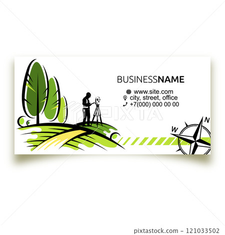 Surveyor engineer at the geodetic instrument and wind rose, business card concept 121033502