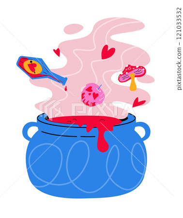 A cauldron with a love potion. Love spell and magic. Brewing a potion. Love and Valentine's Day. 121033532