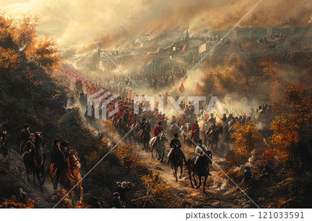 Waterloo battle of Bonaparte Napoleon Emperor of France in Europe. An army in field fights in smoke, fire with guns. 121033591