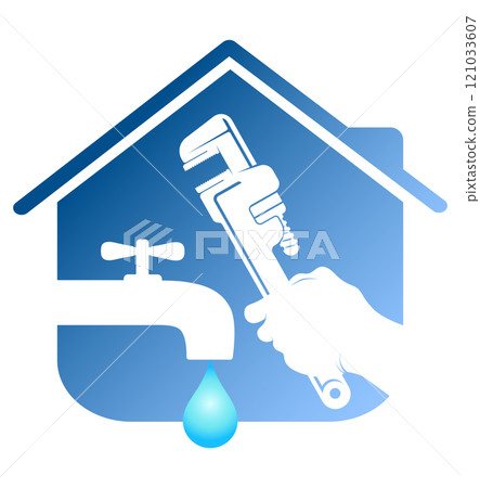 Symbol for plumbing repair, wrench in hand and water faucet Symbol for plumbing repair, wrench in hand and water faucet 121033607