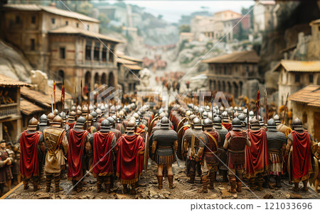 Roman soldiers group in ammunition, armor, cloaks are ready for battle and war. 121033696