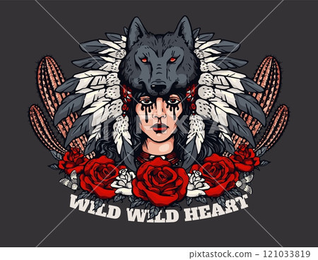 Wild heart Western American gothic vector poster, pretty cowgirl in headdress decorated wolf head and feathers, roses Wild heart Western American gothic vector poster, pretty cowgirl in headdress decorated wolf head and feathers, roses 121033819