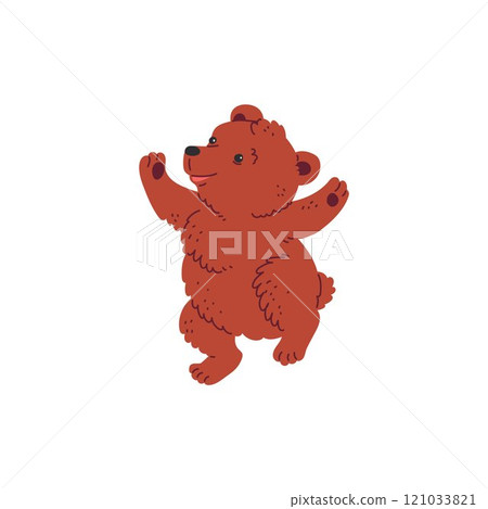 Cute fluffy brown bear dancing, vector cartoon funny mammal have fun on disco party, music wild animal entertainment Cute fluffy brown bear dancing, vector cartoon funny mammal have fun on disco party, music wild animal entertainment 121033821