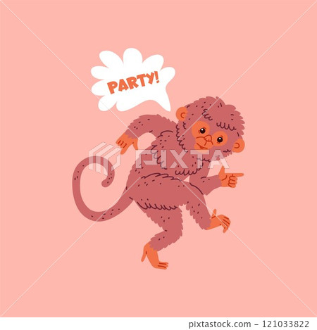 Cute fluffy monkey dancing, vector cartoon funny chimpanzee have fun on disco party, music wild animal entertainment 121033822