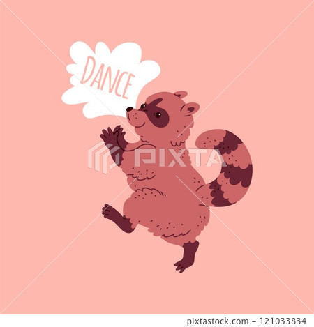 Cute fluffy raccoon dancing, vector cartoon funny mammal have fun on disco party, music wild animal entertainment 121033834