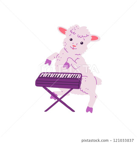 Vector illustration of a cute dancing lamb playing the piano. 121033837