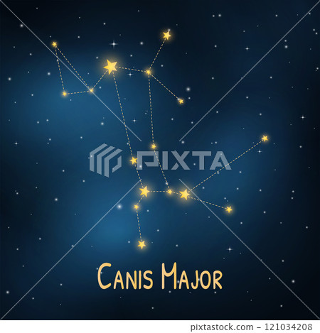 Canis major constellation in starry night sky: celestial map with bright stars. Canis major constellation in starry night sky: celestial map with bright stars. 121034208
