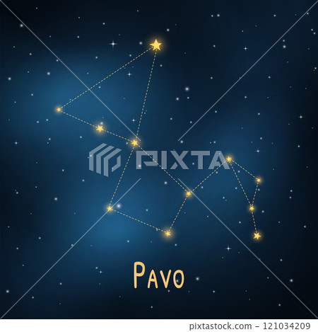 Detailed constellation of pavo against starry night sky illustration. 121034209