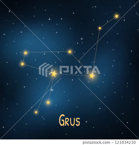 Celestial map of grus constellation in a starry night sky. Celestial map of grus constellation in a starry night sky. 121034210