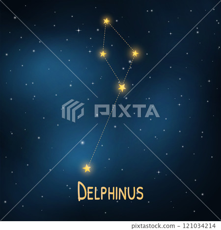 Delphinus constellation in the night sky with stars and blue background. Delphinus constellation in the night sky with stars and blue background. 121034214