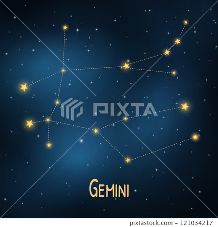 Gemini constellation: starry night sky with zodiac sign. 121034217