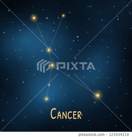 Cancer zodiac constellation: night sky star map with glowing stars and cosmic background. 121034218