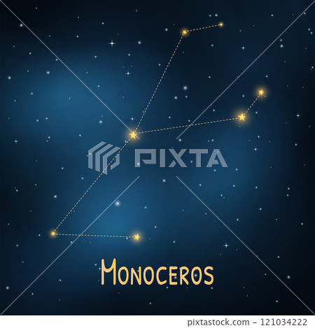 Monoceros constellation: celestial glow in the night sky with bright stars. 121034222