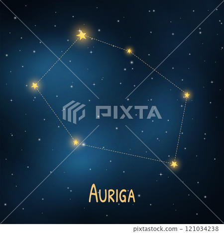 Auriga constellation in night sky with glowing stars and cosmic pattern. 121034238