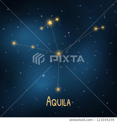 Aquila constellation illustration with starry background and glowing stars. Aquila constellation illustration with starry background and glowing stars. 121034239