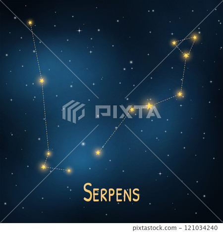 Serpens constellation in night sky with twinkling stars and deep blue background. Serpens constellation in night sky with twinkling stars and deep blue background. 121034240