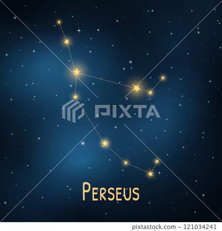 Perseus constellation: starry night sky with cosmic design. Perseus constellation: starry night sky with cosmic design. 121034241