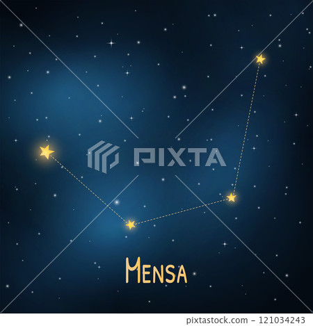 Mensa constellation in night sky with glowing stars and dotted lines. 121034243