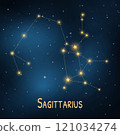 Sagittarius constellation in night sky: celestial map and zodiac representation. 121034274