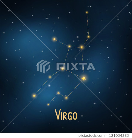 Virgo constellation in night sky with glowing stars and cosmic background Virgo constellation in night sky with glowing stars and cosmic background 121034283