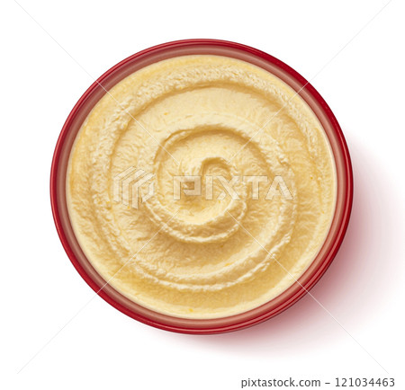 Peach whipped cream, red bowl of fruit yogurt isolated on white background, top view 121034463