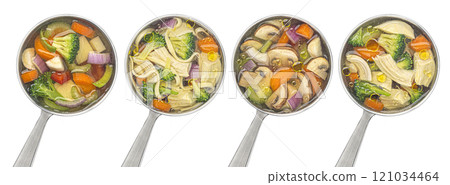 Ladle with soup isolated, mushroom, chicken and vegetable broth on white background, full depth of field, package design element, top view 121034464