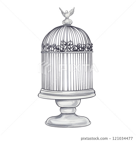Delicate brushstrokes create a charming watercolor rendition of an elegant birdcage resting upon a graceful pedestal. The cage features ornate details and a small bird perched at the top. Beautifully 121034477