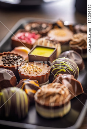 Mix of chocolate pralines on plate on wooden table. 121034512