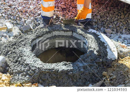 Fresh concrete is being used to secure blocks at top of manhole for an underground infrastructure pit. 121034593