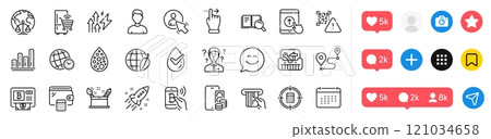 Refrigerator, Energy inflation and Wallet line icons pack. Social media icons. Support consultant, User, Credit card web icon. Artificial colors, Swipe up, Time zone pictogram. Environment day. Vector 121034658