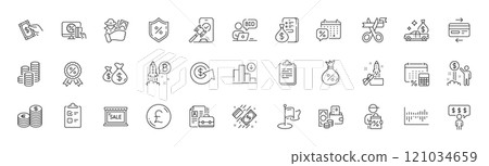 Clipboard, Money and Annual tax line icons. Pack of Fraud, Column diagram, Discounts calendar icon. Cut ribbon, Bitcoin project, Discount medal pictogram. Vacancy, Payment, Auction. Line icons. Vector 121034659