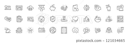 Work time, Vip transfer and Transform line icons. Pack of Online documentation, Reject web, Promotion bell icon. Air fan, Piggy bank, 24 hours pictogram. Chemistry lab, Calendar, Engineering. Vector Work time, Vip transfer and Transform line icons. Pack of Online documentation, Reject web, Promotion bell icon. Air fan, Piggy bank, 24 hours pictogram. Chemistry lab, Calendar, Engineering. Vector 121034665
