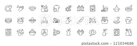 Dont touch, T-shirt and Water splash line icons. Pack of Plate, Washing machine, Hand sanitizer icon. Clean bubbles, Clean hands, Wash hand pictogram. Saucepan, Dryer machine, Dish plate. Vector 121034686