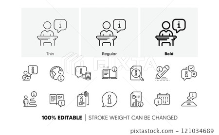 Reception information, Journey path, Guide book. Info center line icons. Call center, Faq chat bubbles, Info help desk icons. Search information and Customer help service. Line icons set. Vector 121034689