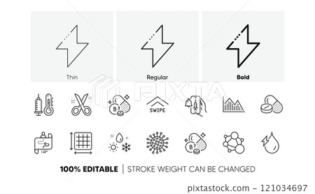 Square area, Biotin vitamin and Vaccine announcement line icons. Pack of Hydroelectricity, Scissors, Medical drugs icon. Coronavirus, Investment graph, Swipe up pictogram. Thermometer. Vector 121034697