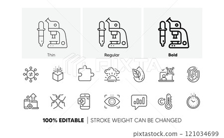Seo devices, Time and Celsius thermometer line icons. Pack of Discrimination, Analytical chat, Fingerprint icon. Qr code, Sunset, Eye detect pictogram. Medical phone, Squad, Puzzle. Line icons. Vector 121034699
