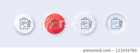 Clipboard document line icon. Neumorphic, Red gradient, 3d pin buttons. Agreement file sign. Sign contract symbol. Line icons. Neumorphic buttons with outline signs. Vector Clipboard document line icon. Neumorphic, Red gradient, 3d pin buttons. Agreement file sign. Sign contract symbol. Line icons. Neumorphic buttons with outline signs. Vector 121034700