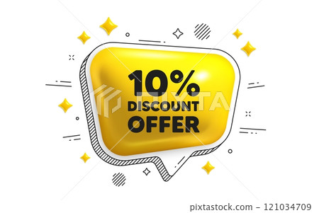 10 percent discount tag. Chat speech bubble 3d icon. Sale offer price sign. Special offer symbol. Discount chat message. Speech bubble banner with stripes. Yellow text balloon. Vector 121034709
