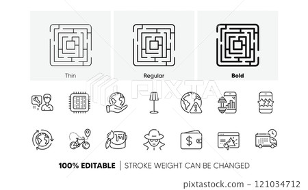 Internet warning, Seo marketing and Bike delivery line icons. Pack of Star, Floor lamp, Maze icon. Fraud, Dollar wallet, Save planet pictogram. Cpu processor, Brush, Fitness app. Line icons. Vector 121034712