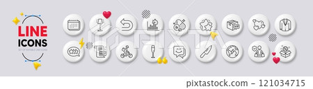 Smile face, Payment card and Calendar line icons. White buttons 3d icons. Pack of Electricity, Bromine mineral, Undo icon. Champagne glass, Sale, Heart pictogram. Vector 121034715
