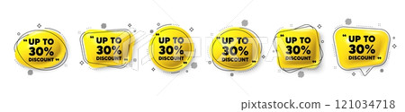Up to 30 percent discount. Speech bubble 3d icons set. Sale offer price sign. Special offer symbol. Save 30 percentages. Discount tag chat talk message. Speech bubble banners with comma. Vector Up to 30 percent discount. Speech bubble 3d icons set. Sale offer price sign. Special offer symbol. Save 30 percentages. Discount tag chat talk message. Speech bubble banners with comma. Vector 121034718