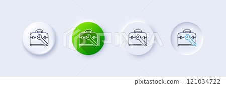 Spanner tool line icon. Neumorphic, Green gradient, 3d pin buttons. Repair tool case sign. Fix instruments symbol. Line icons. Neumorphic buttons with outline signs. Vector 121034722
