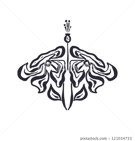 Black and white minimal abstract inky line art flower 121034733