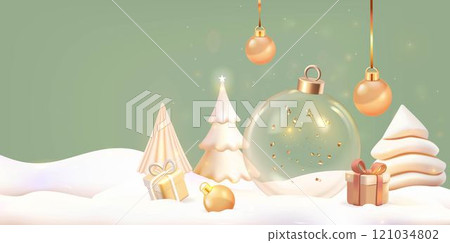 A Christmas scene with a snow globe, trees, gifts, and decor. 3d render, vector A Christmas scene with a snow globe, trees, gifts, and decor. 3d render, vector 121034802