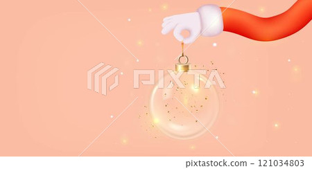 Santa Clauss hand holds a Christmas ball on a pink background. 3d render, vector Santa Clauss hand holds a Christmas ball on a pink background. 3d render, vector 121034803