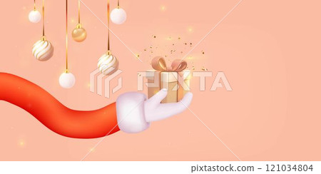 Santa Claus is cheerfully holding a beautifully wrapped gift box in his hand. 3d render, vector Santa Claus is cheerfully holding a beautifully wrapped gift box in his hand. 3d render, vector 121034804