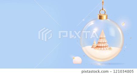 A Christmas ball with a tree inside it on a blue background.3d render, vector A Christmas ball with a tree inside it on a blue background.3d render, vector 121034805