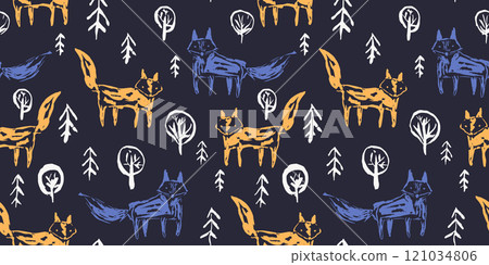 Dark seamless pattern with cute sketchy orange foxes and ultramarine blue wolfs in white snow fir forest. Contrast sketch woodland animals print for kids textile, wrapping paper, surface design Dark seamless pattern with cute sketchy orange foxes and ultramarine blue wolfs in white snow fir forest. Contrast sketch woodland animals print for kids textile, wrapping paper, surface design 121034806